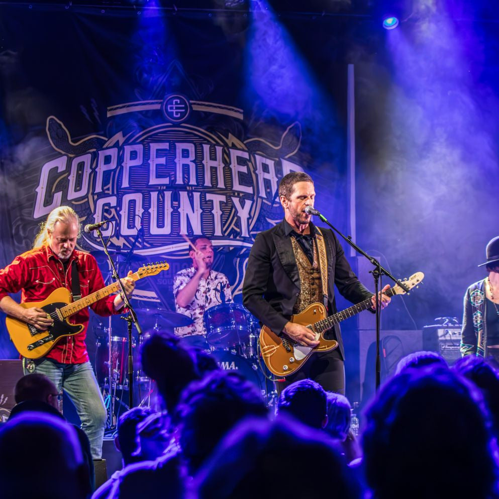 Band performing in front of a backdrop