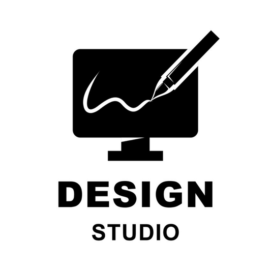 Logo of a design studio with a computer monitor and pen on a white background
