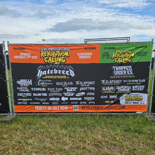 Promotional banner for Revolution Calling music festival with band names and event details.